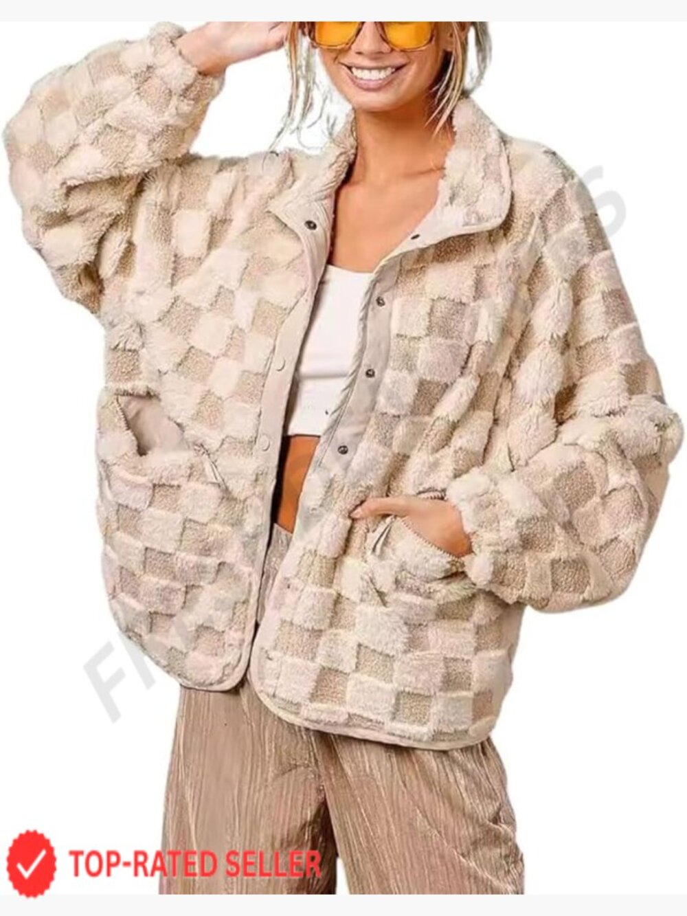 Classic Checkered Fleece Jacket Oversized Warm Sherpa Faux Fur Shacket - Picture 1 of 6